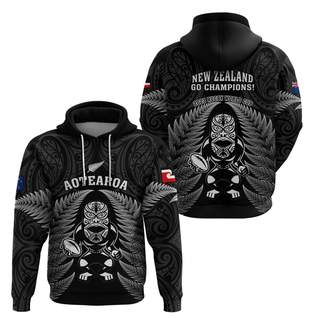 New Zealand Aotearoa Rugby Hoodie NZ Tiki With Maori Fern World Cup Black Version - Wonder Print Shop