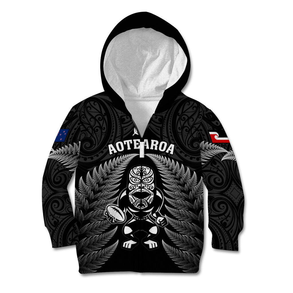 New Zealand Aotearoa Rugby Kid Hoodie NZ Tiki With Maori Fern World Cup Black Version - Wonder Print Shop