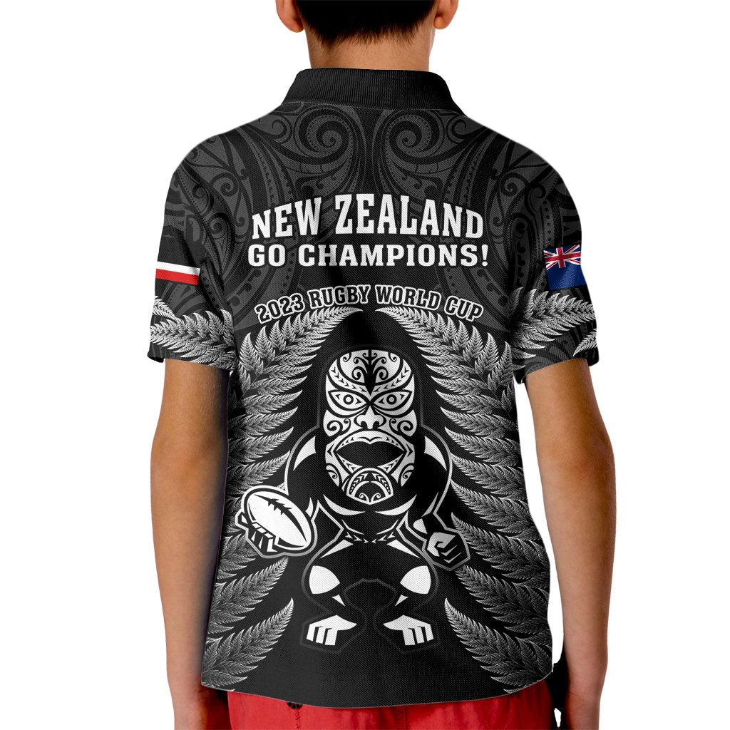 New Zealand Aotearoa Rugby Kid Polo Shirt NZ Tiki With Maori Fern World Cup Black Version - Wonder Print Shop