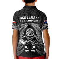 New Zealand Aotearoa Rugby Kid Polo Shirt NZ Tiki With Maori Fern World Cup Black Version - Wonder Print Shop