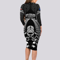 New Zealand Aotearoa Rugby Long Sleeve Bodycon Dress NZ Tiki With Maori Fern World Cup Black Version - Wonder Print Shop