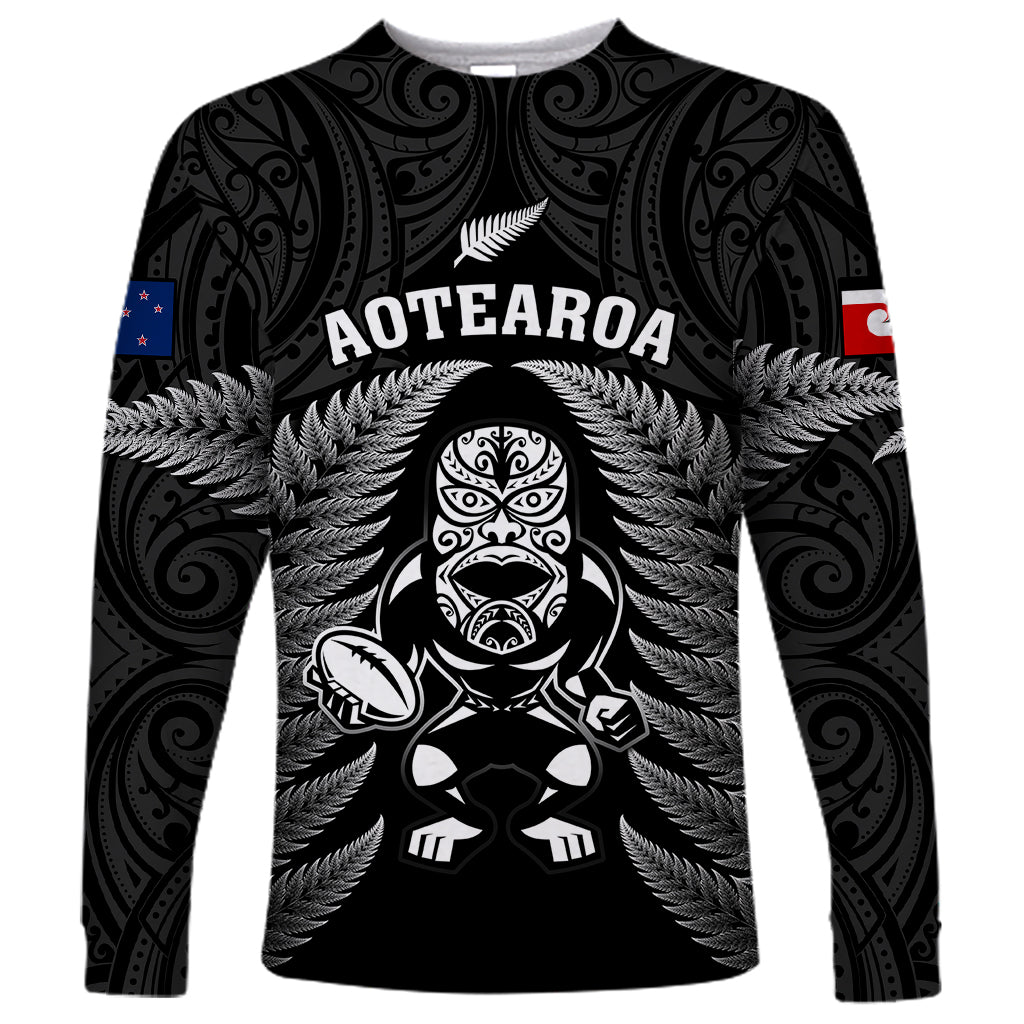 New Zealand Aotearoa Rugby Long Sleeve Shirt NZ Tiki With Maori Fern World Cup Black Version - Wonder Print Shop