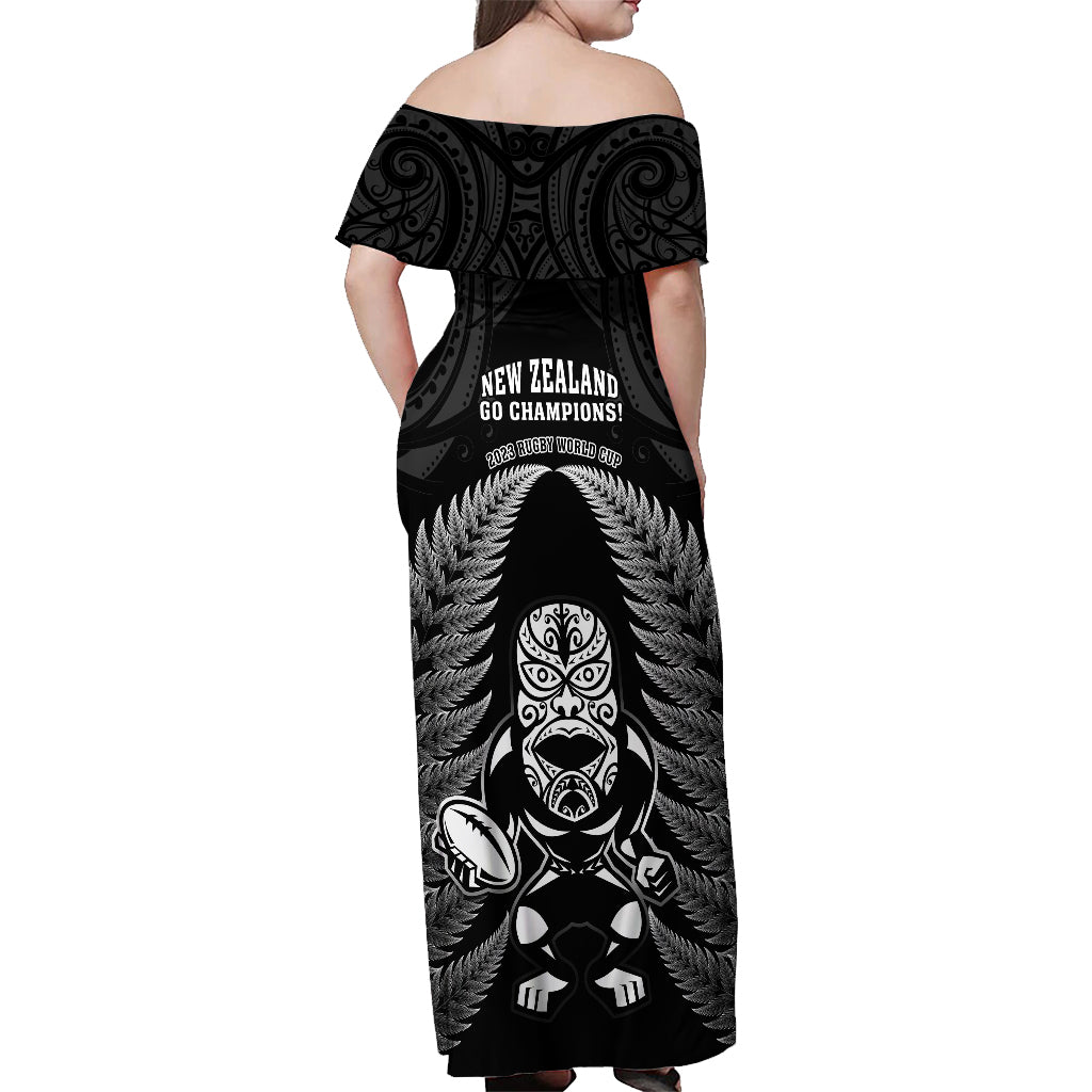 New Zealand Aotearoa Rugby Off Shoulder Maxi Dress NZ Tiki With Maori Fern World Cup Black Version - Wonder Print Shop