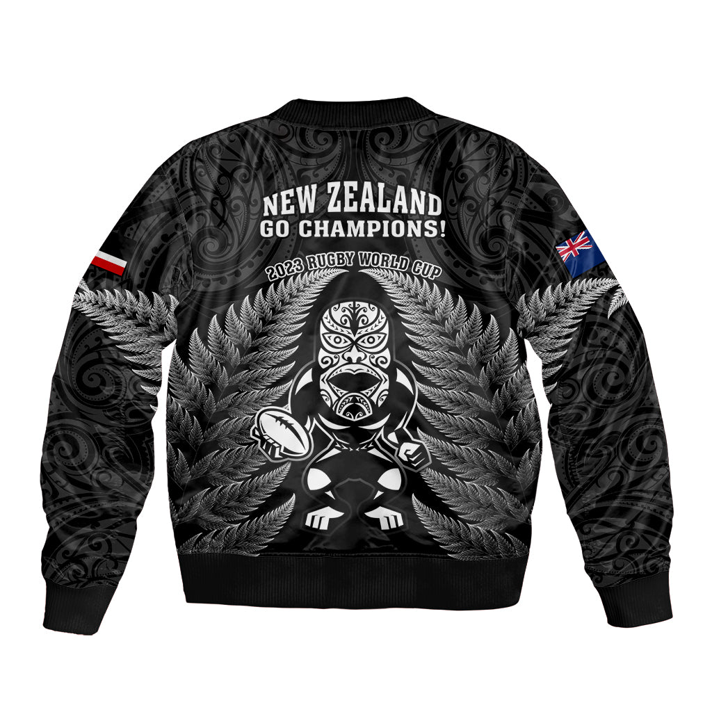 New Zealand Aotearoa Rugby Sleeve Zip Bomber Jacket NZ Tiki With Maori Fern World Cup Black Version - Wonder Print Shop