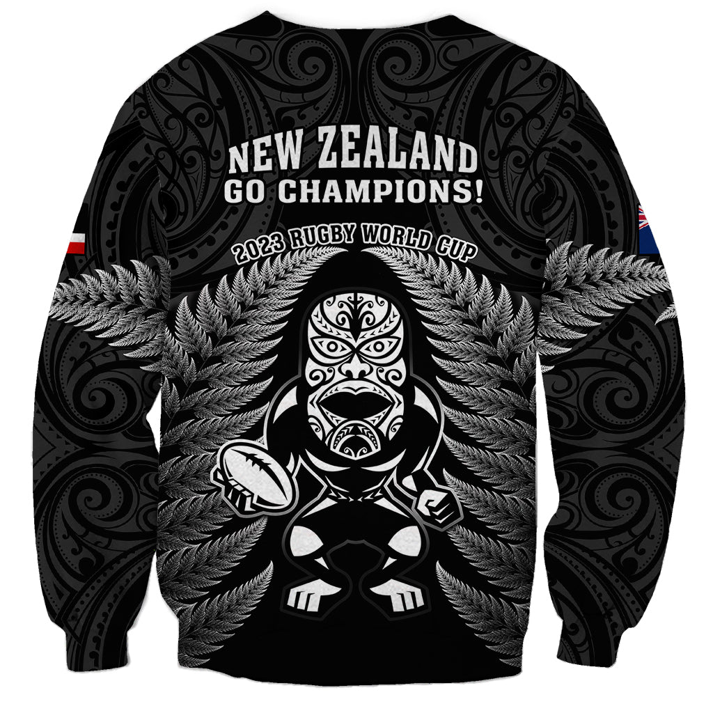 New Zealand Aotearoa Rugby Sweatshirt NZ Tiki With Maori Fern World Cup Black Version - Wonder Print Shop