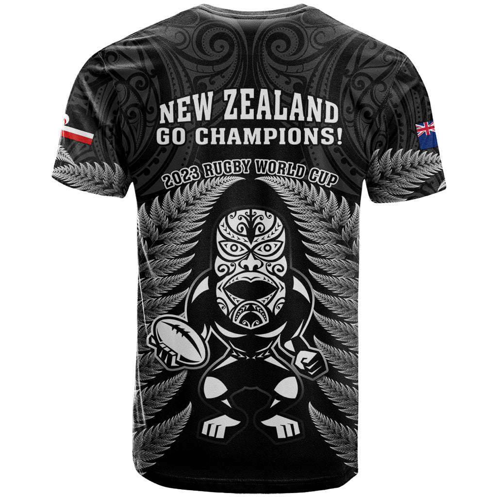 New Zealand Aotearoa Rugby T Shirt NZ Tiki With Maori Fern World Cup Black Version - Wonder Print Shop