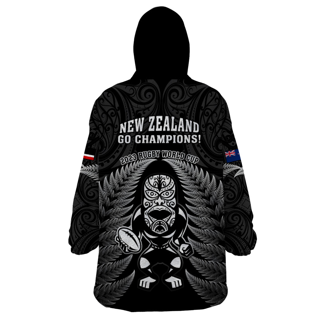 New Zealand Aotearoa Rugby Wearable Blanket Hoodie NZ Tiki With Maori Fern World Cup Black Version - Wonder Print Shop