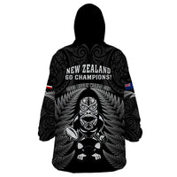 New Zealand Aotearoa Rugby Wearable Blanket Hoodie NZ Tiki With Maori Fern World Cup Black Version - Wonder Print Shop