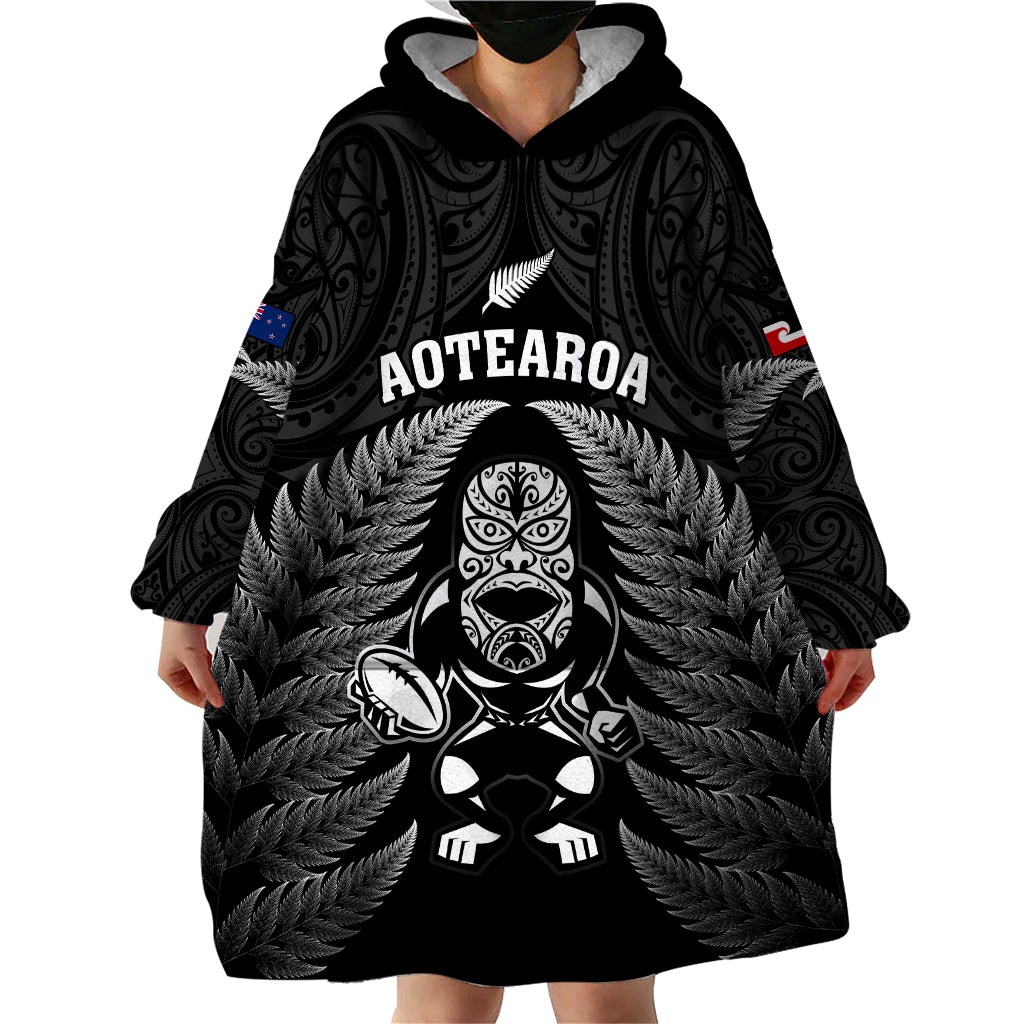 New Zealand Aotearoa Rugby Wearable Blanket Hoodie NZ Tiki With Maori Fern World Cup Black Version - Wonder Print Shop