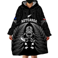New Zealand Aotearoa Rugby Wearable Blanket Hoodie NZ Tiki With Maori Fern World Cup Black Version - Wonder Print Shop