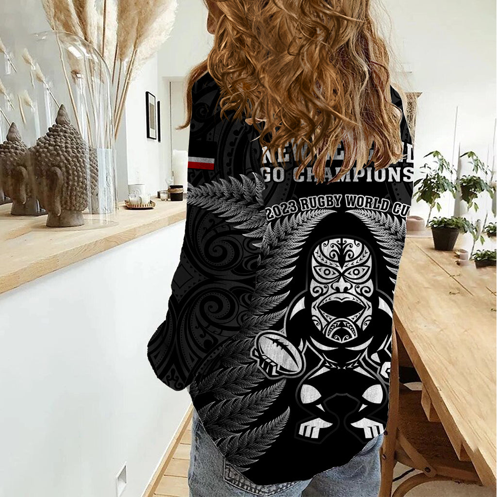New Zealand Aotearoa Rugby Women Casual Shirt NZ Tiki With Maori Fern World Cup Black Version - Wonder Print Shop