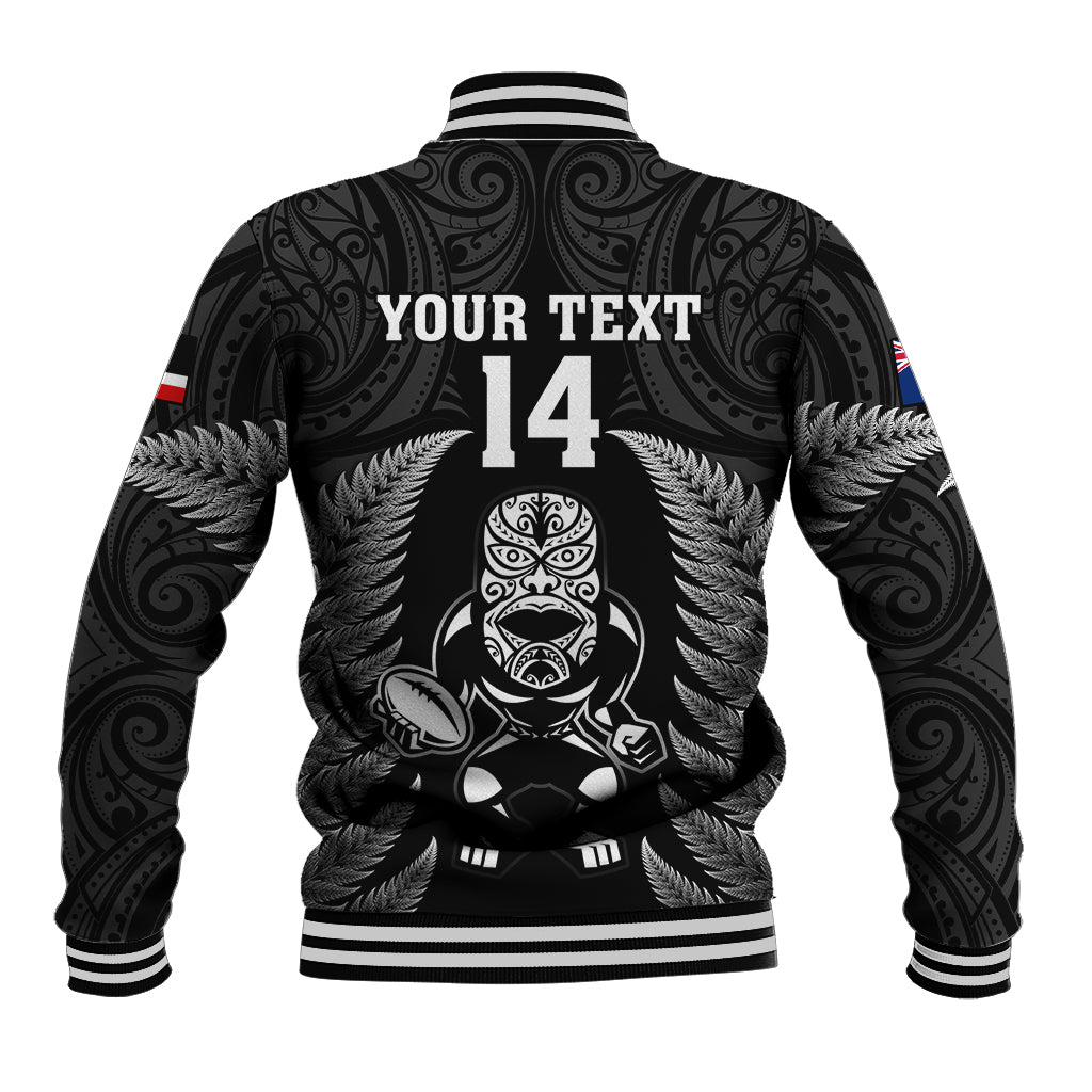 Custom New Zealand Aotearoa Rugby Baseball Jacket NZ Tiki With Maori Fern World Cup Black Version - Wonder Print Shop
