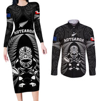 Custom New Zealand Aotearoa Rugby Couples Matching Long Sleeve Bodycon Dress and Long Sleeve Button Shirts NZ Tiki With Maori Fern World Cup Black Version - Wonder Print Shop