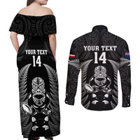 Custom New Zealand Aotearoa Rugby Couples Matching Off Shoulder Maxi Dress and Long Sleeve Button Shirts NZ Tiki With Maori Fern World Cup Black Version - Wonder Print Shop