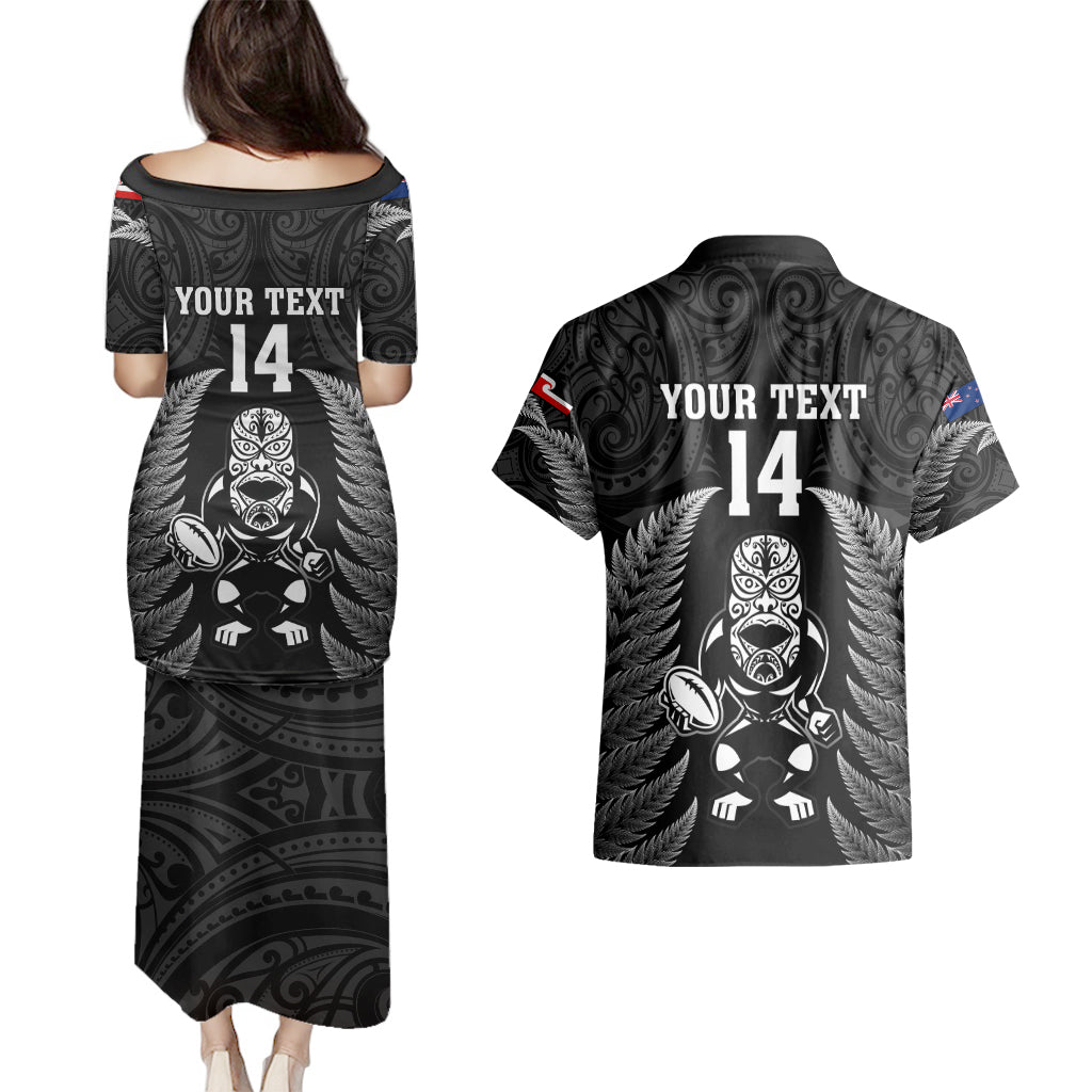 Custom New Zealand Aotearoa Rugby Couples Matching Puletasi Dress and Hawaiian Shirt NZ Tiki With Maori Fern World Cup Black Version - Wonder Print Shop