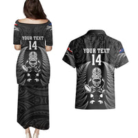 Custom New Zealand Aotearoa Rugby Couples Matching Puletasi Dress and Hawaiian Shirt NZ Tiki With Maori Fern World Cup Black Version - Wonder Print Shop