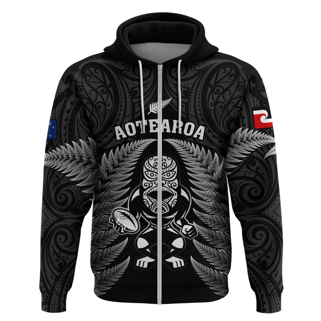 Custom New Zealand Aotearoa Rugby Hoodie NZ Tiki With Maori Fern World Cup Black Version - Wonder Print Shop