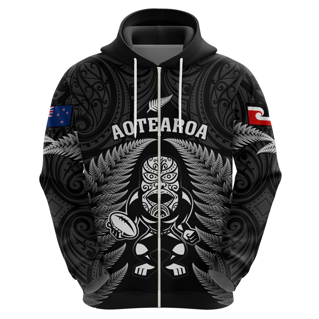 Custom New Zealand Aotearoa Rugby Hoodie NZ Tiki With Maori Fern World Cup Black Version - Wonder Print Shop