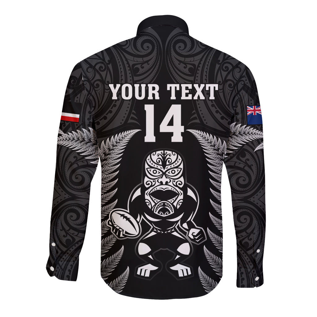 Custom New Zealand Aotearoa Rugby Long Sleeve Button Shirt NZ Tiki With Maori Fern World Cup Black Version - Wonder Print Shop