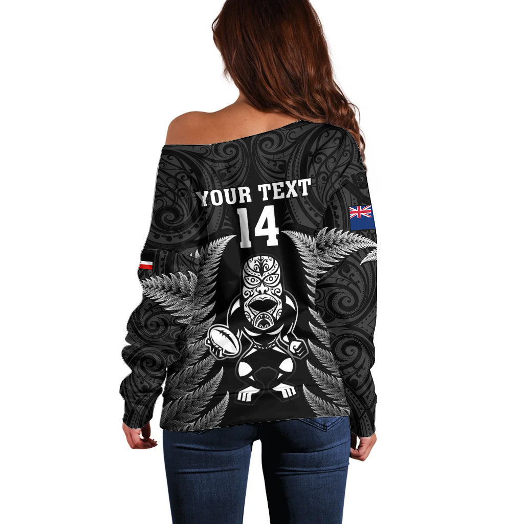 Custom New Zealand Aotearoa Rugby Off Shoulder Sweater NZ Tiki With Maori Fern World Cup Black Version - Wonder Print Shop