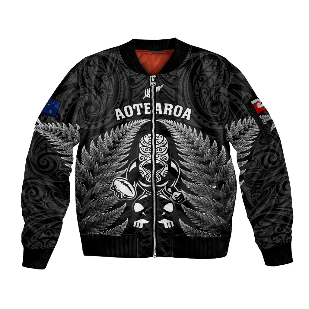 Custom New Zealand Aotearoa Rugby Sleeve Zip Bomber Jacket NZ Tiki With Maori Fern World Cup Black Version - Wonder Print Shop