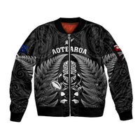 Custom New Zealand Aotearoa Rugby Sleeve Zip Bomber Jacket NZ Tiki With Maori Fern World Cup Black Version - Wonder Print Shop