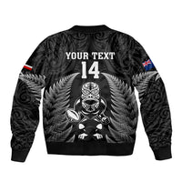 Custom New Zealand Aotearoa Rugby Sleeve Zip Bomber Jacket NZ Tiki With Maori Fern World Cup Black Version - Wonder Print Shop