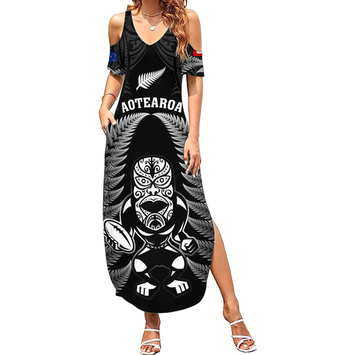 Custom New Zealand Aotearoa Rugby Summer Maxi Dress NZ Tiki With Maori Fern World Cup Black Version - Wonder Print Shop