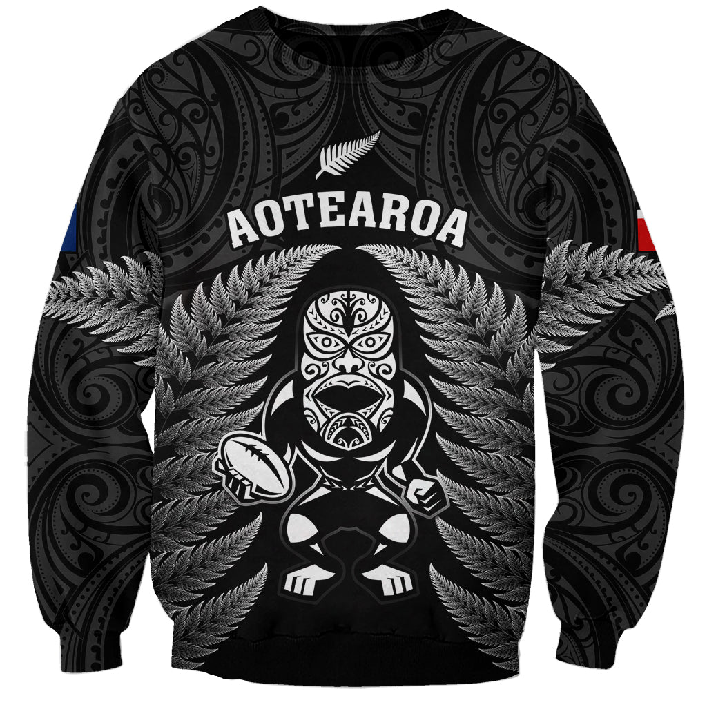 Custom New Zealand Aotearoa Rugby Sweatshirt NZ Tiki With Maori Fern World Cup Black Version - Wonder Print Shop