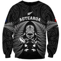 Custom New Zealand Aotearoa Rugby Sweatshirt NZ Tiki With Maori Fern World Cup Black Version - Wonder Print Shop