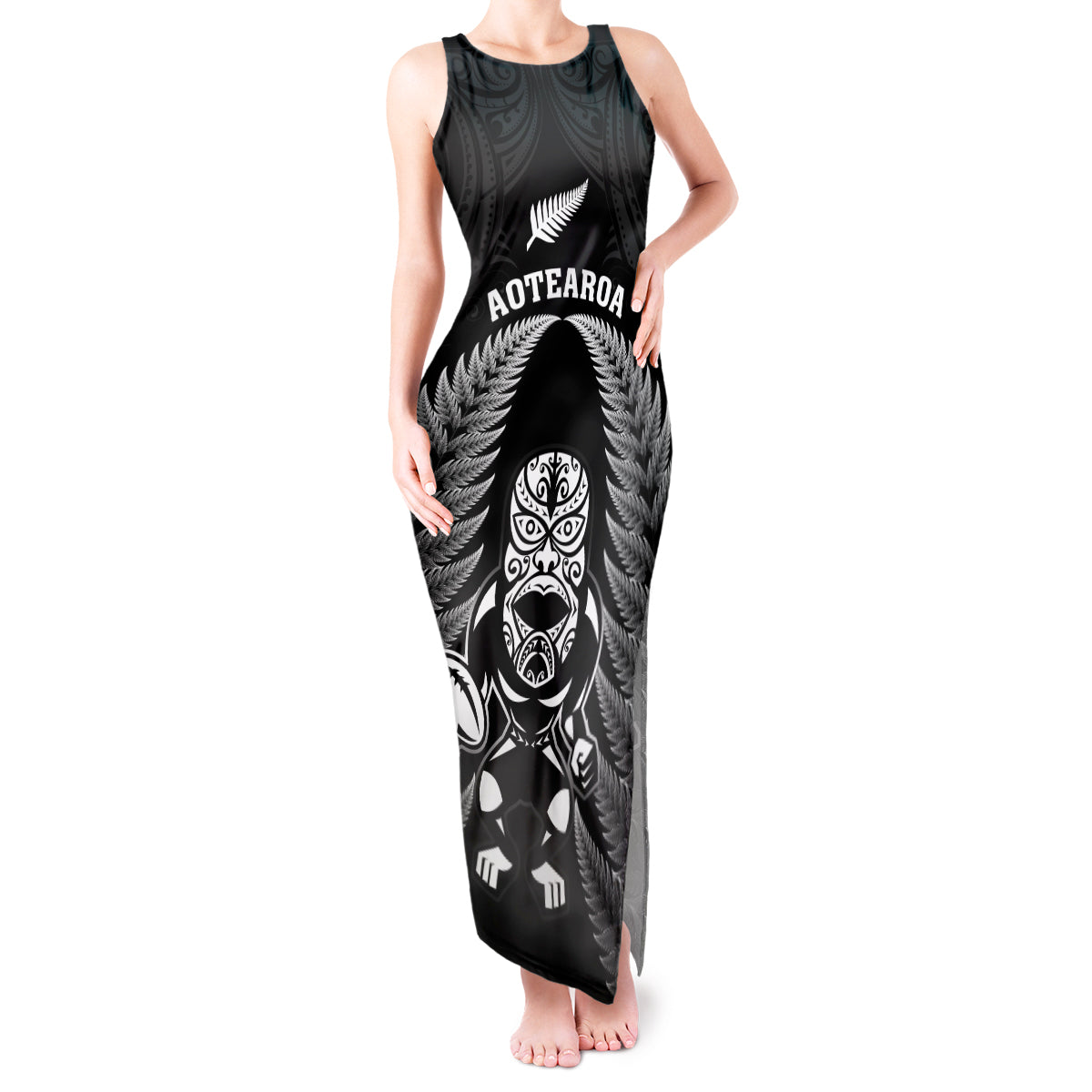 Custom New Zealand Aotearoa Rugby Tank Maxi Dress NZ Tiki With Maori Fern World Cup Black Version - Wonder Print Shop
