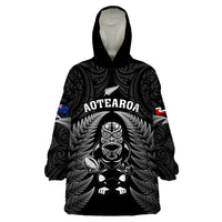 Custom New Zealand Aotearoa Rugby Wearable Blanket Hoodie NZ Tiki With Maori Fern World Cup Black Version - Wonder Print Shop