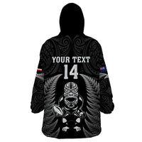 Custom New Zealand Aotearoa Rugby Wearable Blanket Hoodie NZ Tiki With Maori Fern World Cup Black Version - Wonder Print Shop