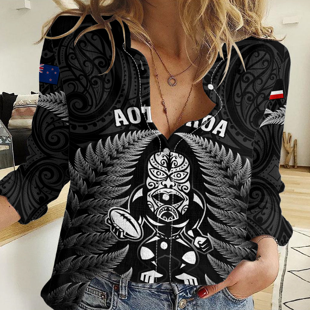 Custom New Zealand Aotearoa Rugby Women Casual Shirt NZ Tiki With Maori Fern World Cup Black Version - Wonder Print Shop