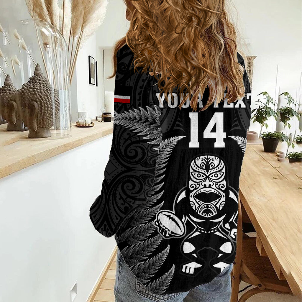 Custom New Zealand Aotearoa Rugby Women Casual Shirt NZ Tiki With Maori Fern World Cup Black Version - Wonder Print Shop