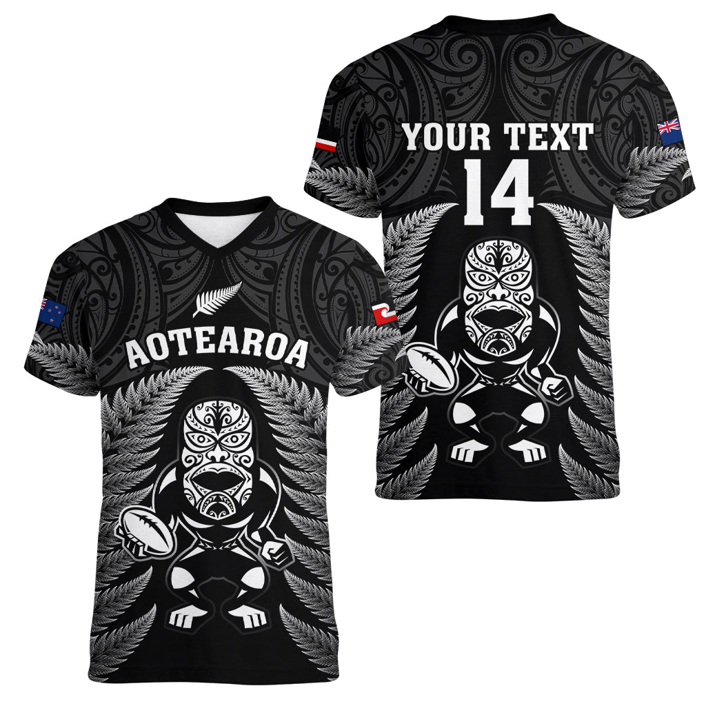 Custom New Zealand Aotearoa Rugby Women V Neck T Shirt NZ Tiki With Maori Fern World Cup Black Version - Wonder Print Shop