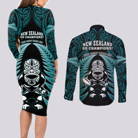 New Zealand Aotearoa Rugby Couples Matching Long Sleeve Bodycon Dress and Long Sleeve Button Shirts NZ Tiki With Maori Fern World Cup Turquoise Version - Wonder Print Shop
