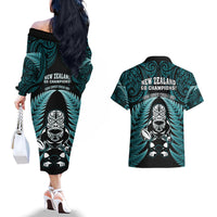 New Zealand Aotearoa Rugby Couples Matching Off The Shoulder Long Sleeve Dress and Hawaiian Shirt NZ Tiki With Maori Fern World Cup Turquoise Version - Wonder Print Shop