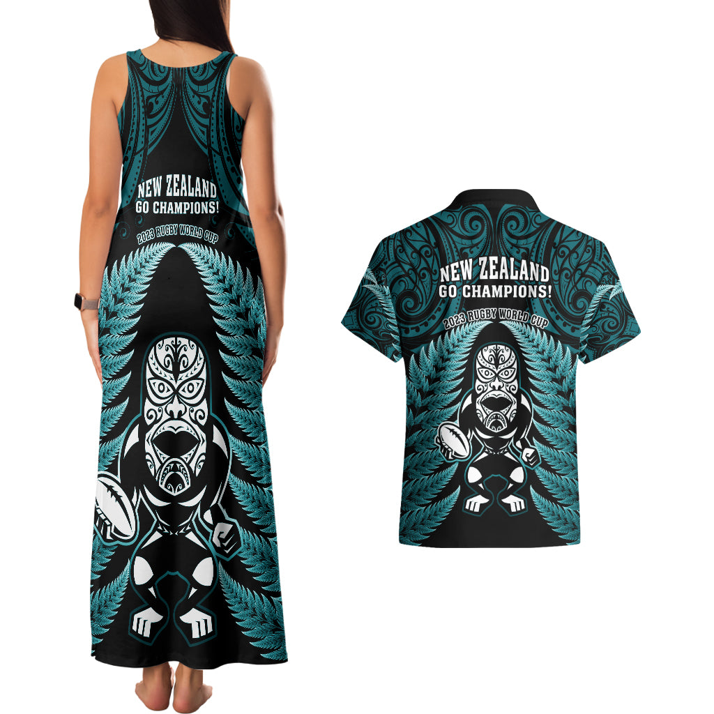New Zealand Aotearoa Rugby Couples Matching Tank Maxi Dress and Hawaiian Shirt NZ Tiki With Maori Fern World Cup Turquoise Version - Wonder Print Shop