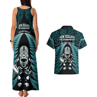 New Zealand Aotearoa Rugby Couples Matching Tank Maxi Dress and Hawaiian Shirt NZ Tiki With Maori Fern World Cup Turquoise Version - Wonder Print Shop