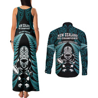 New Zealand Aotearoa Rugby Couples Matching Tank Maxi Dress and Long Sleeve Button Shirts NZ Tiki With Maori Fern World Cup Turquoise Version - Wonder Print Shop