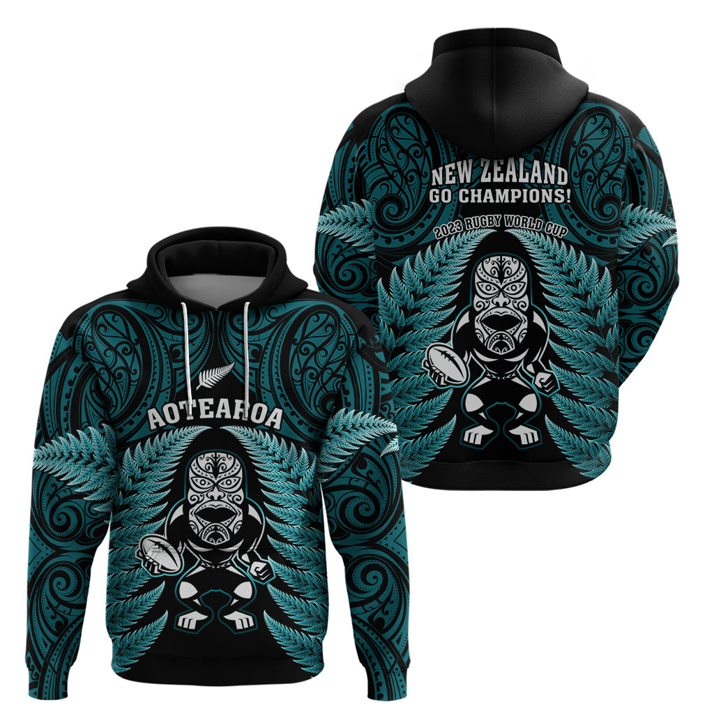 New Zealand Aotearoa Rugby Hoodie NZ Tiki With Maori Fern World Cup Turquoise Version - Wonder Print Shop