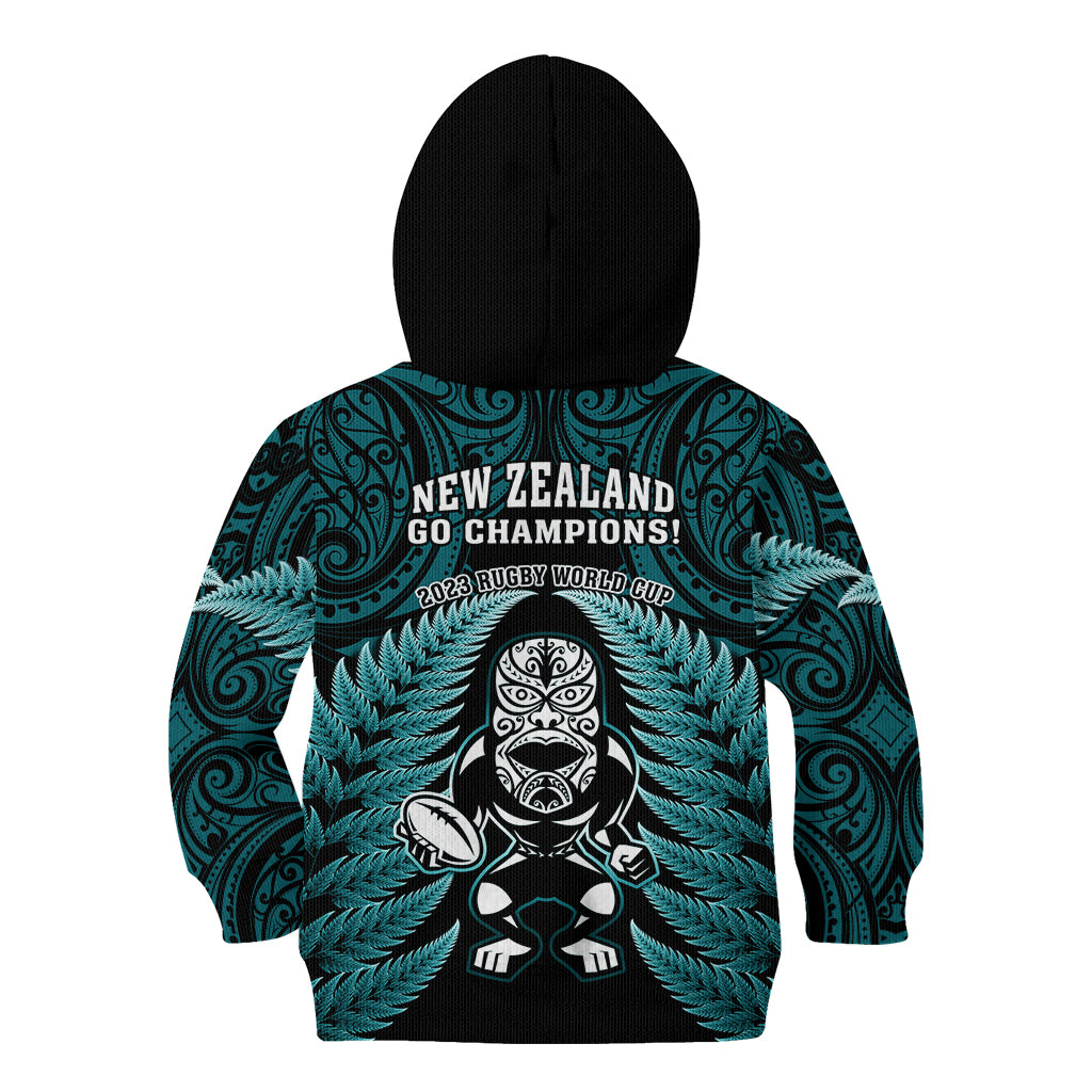 New Zealand Aotearoa Rugby Kid Hoodie NZ Tiki With Maori Fern World Cup Turquoise Version - Wonder Print Shop