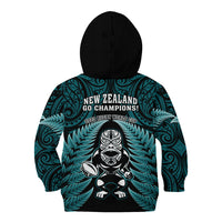 New Zealand Aotearoa Rugby Kid Hoodie NZ Tiki With Maori Fern World Cup Turquoise Version - Wonder Print Shop