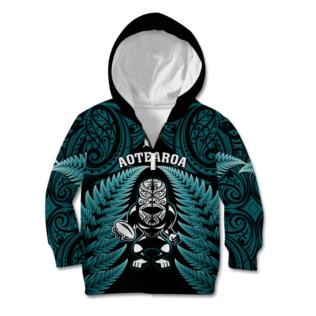 New Zealand Aotearoa Rugby Kid Hoodie NZ Tiki With Maori Fern World Cup Turquoise Version - Wonder Print Shop