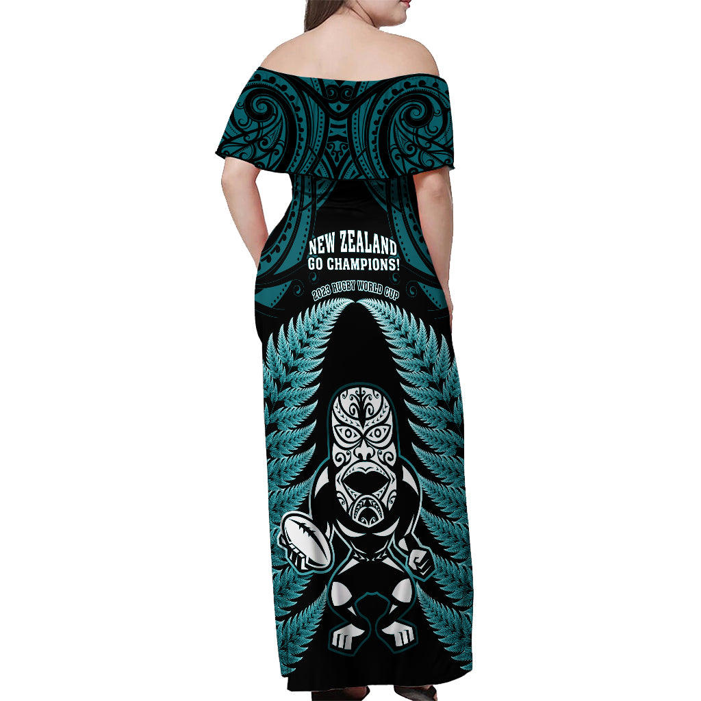 New Zealand Aotearoa Rugby Off Shoulder Maxi Dress NZ Tiki With Maori Fern World Cup Turquoise Version - Wonder Print Shop
