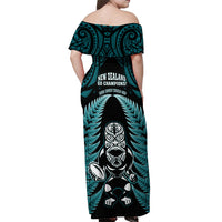 New Zealand Aotearoa Rugby Off Shoulder Maxi Dress NZ Tiki With Maori Fern World Cup Turquoise Version - Wonder Print Shop