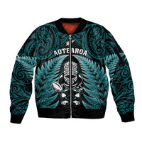 New Zealand Aotearoa Rugby Sleeve Zip Bomber Jacket NZ Tiki With Maori Fern World Cup Turquoise Version - Wonder Print Shop