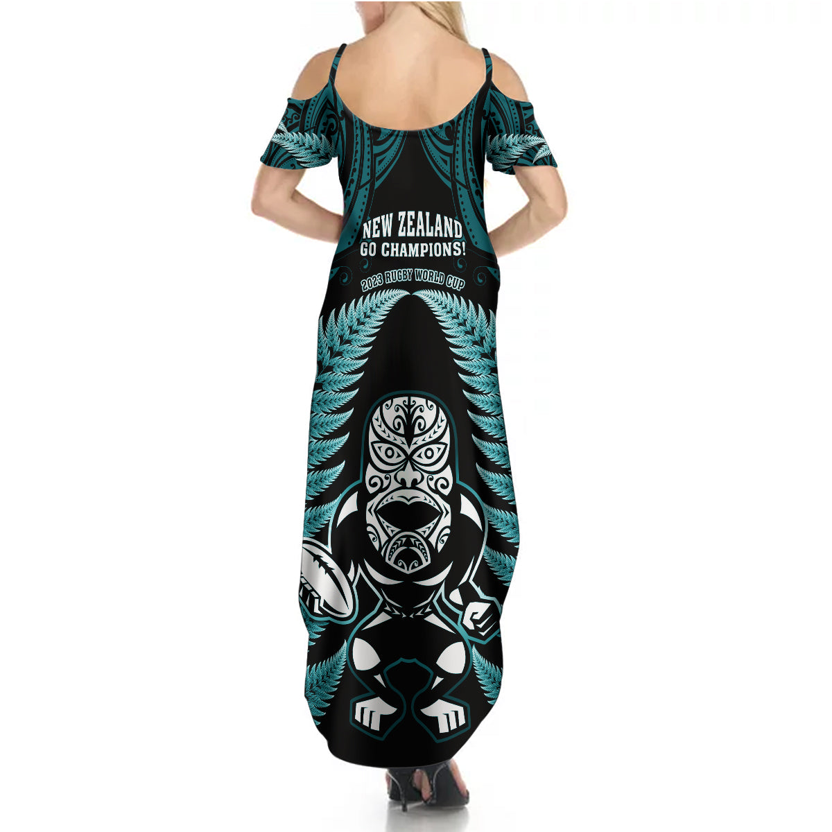 New Zealand Aotearoa Rugby Summer Maxi Dress NZ Tiki With Maori Fern World Cup Turquoise Version - Wonder Print Shop