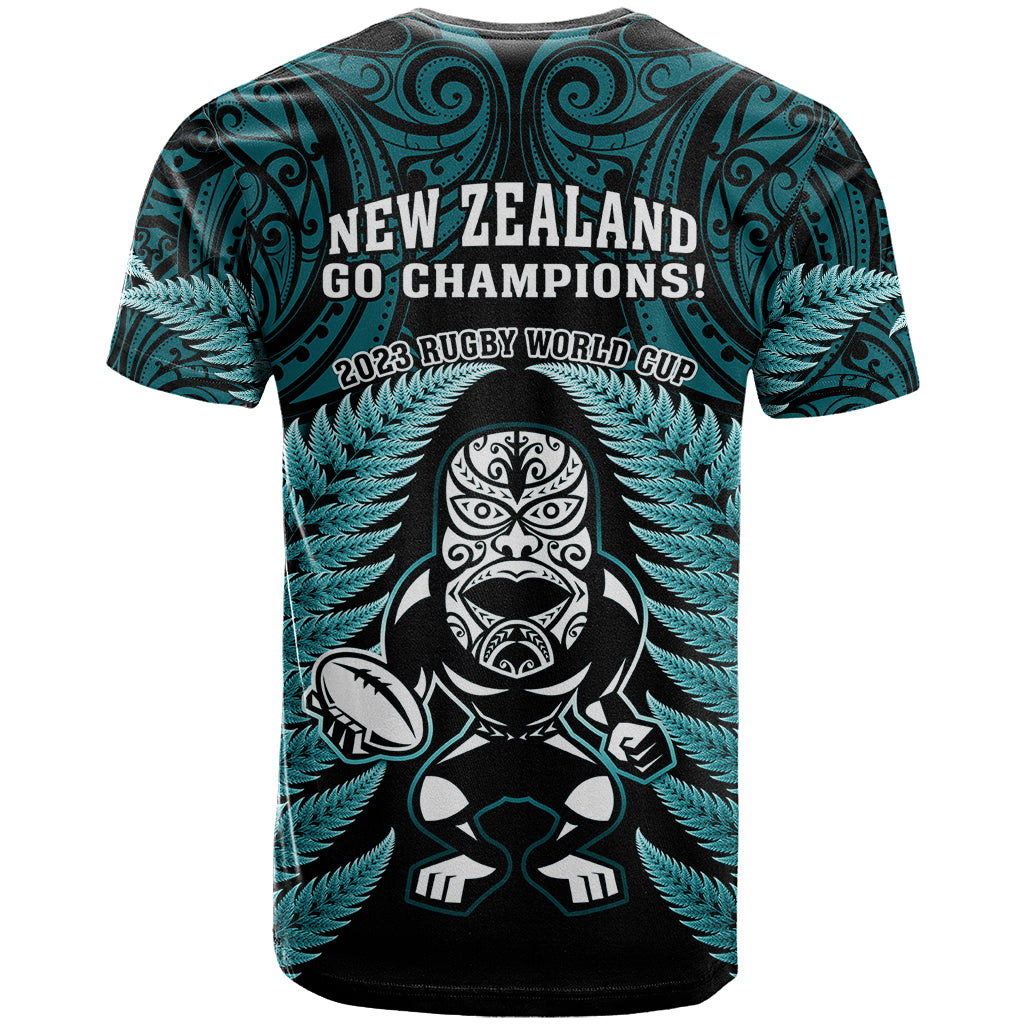 New Zealand Aotearoa Rugby T Shirt NZ Tiki With Maori Fern World Cup Turquoise Version - Wonder Print Shop